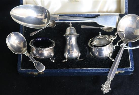 A 1960s Georg Jensen silver Acanthus pattern spoon, a cased silver condiment set, a George IV silver caddy spoon & a tablespoon.